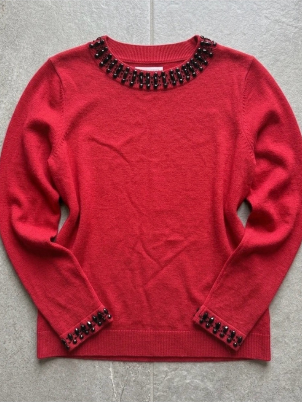 Christopher & Banks Petite Medium Red Embellished Jeweled Neck Sweater